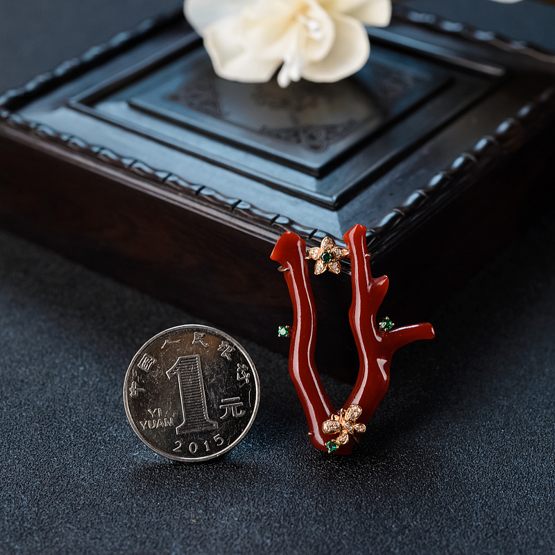 天然阿卡红珊瑚树枝吊坠 - 红掌柜