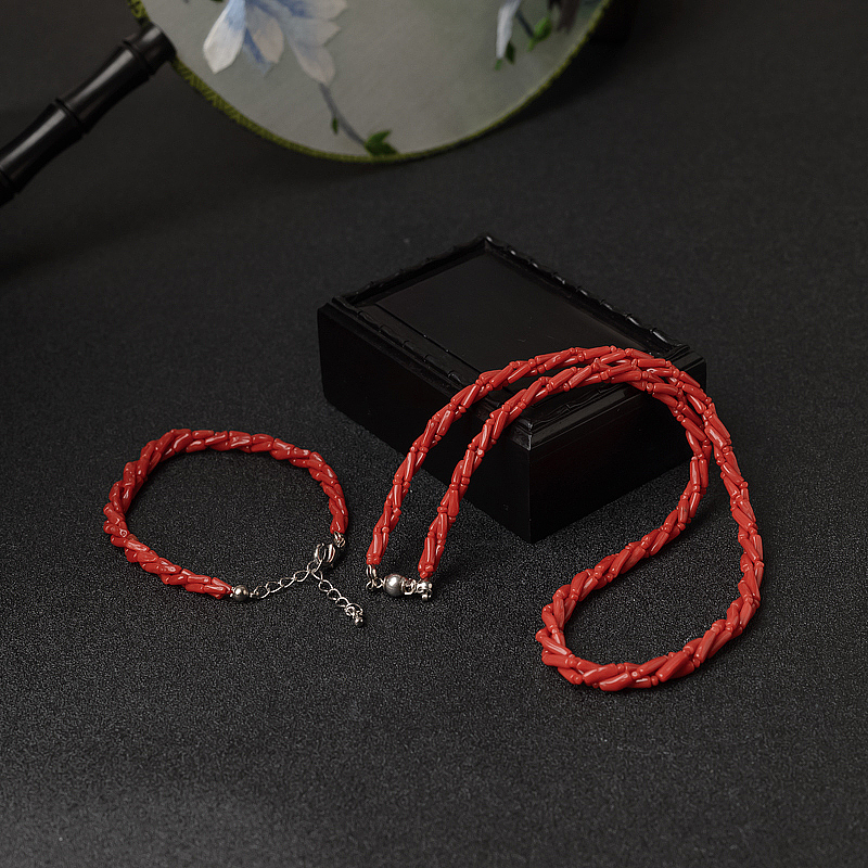 天然沙丁朱红珊瑚三股链两件套-红掌柜