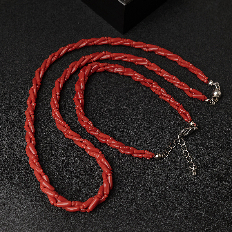 意大利天然沙丁珊瑚三股链两件套-红掌柜