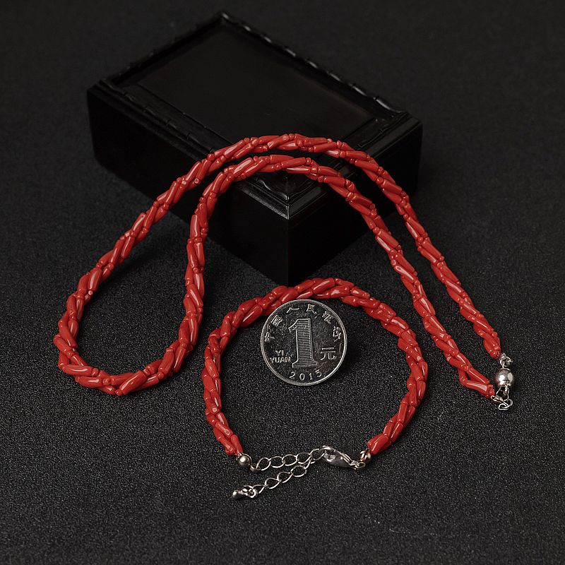 沙丁朱红珊瑚三股链两件套-红掌柜