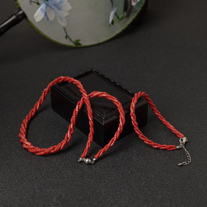 意大利沙丁朱红珊瑚三股链两件套-红掌柜