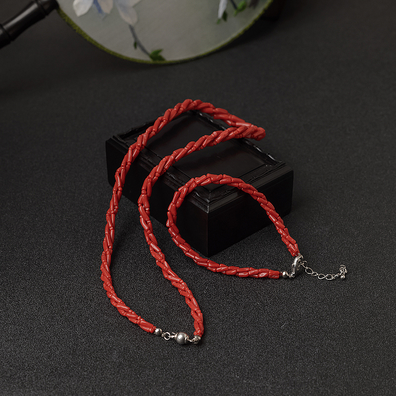 意大利天然朱红珊瑚三股链两件套-红掌柜