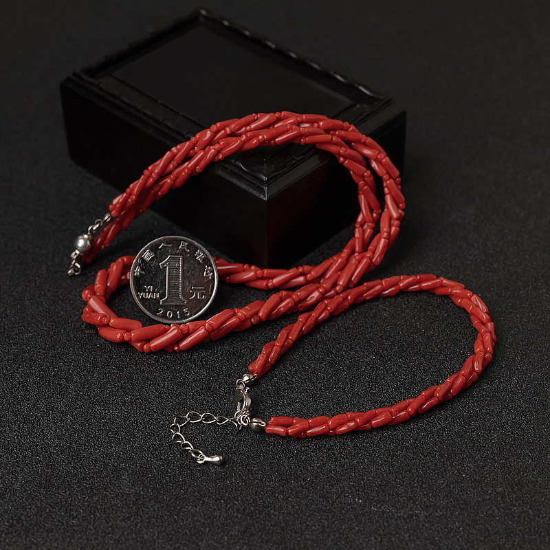 沙丁朱红珊瑚三股链两件套-红掌柜