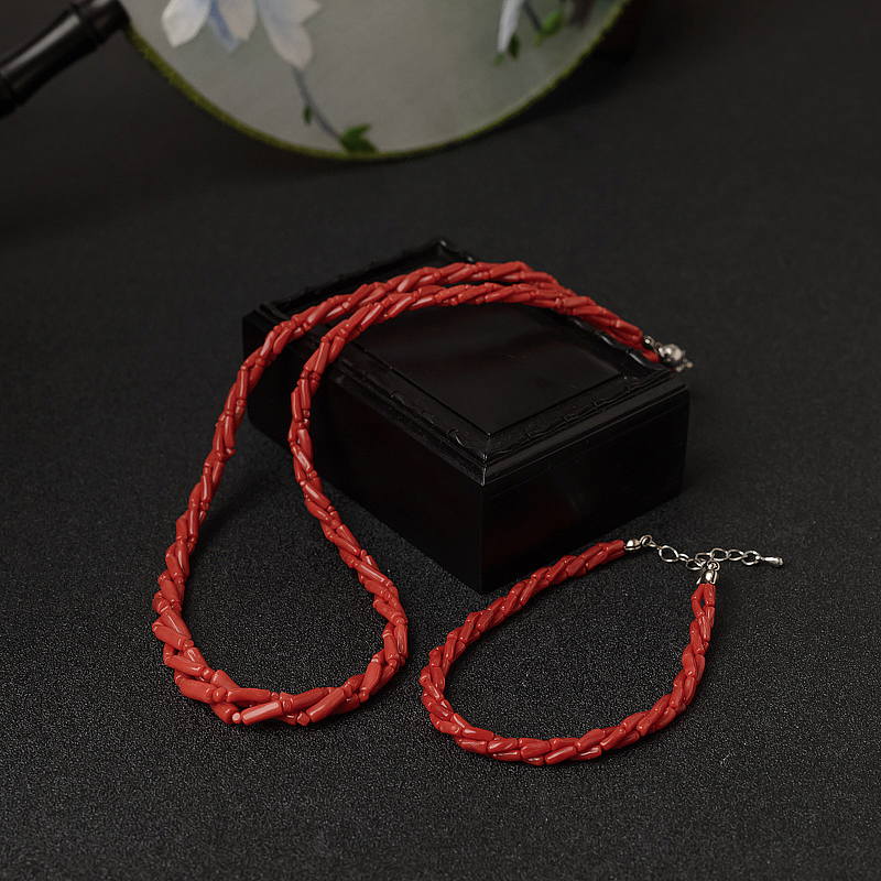 意大利天然沙丁朱红珊瑚三股链两件套-红掌柜