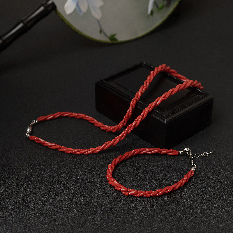 天然沙丁朱红珊瑚三股链两件套-红掌柜