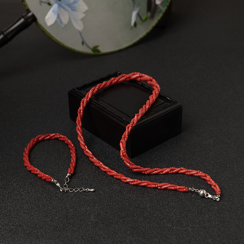 意大利沙丁朱红珊瑚三股链两件套-红掌柜