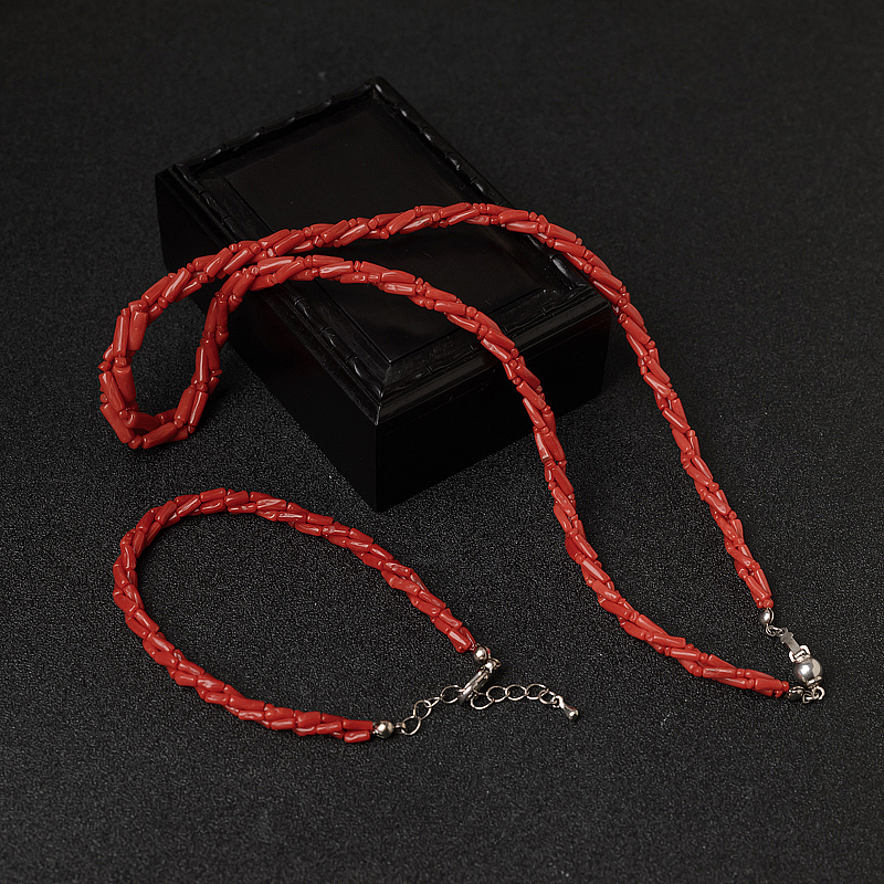 意大利天然朱红珊瑚三股链两件套-红掌柜