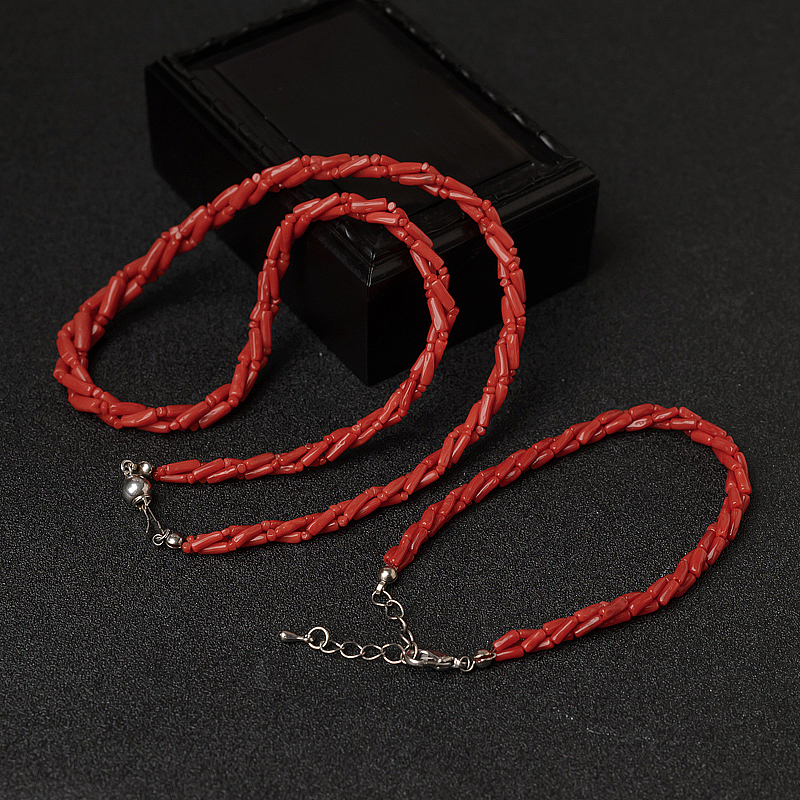 意大利天然沙丁珊瑚三股链两件套-红掌柜