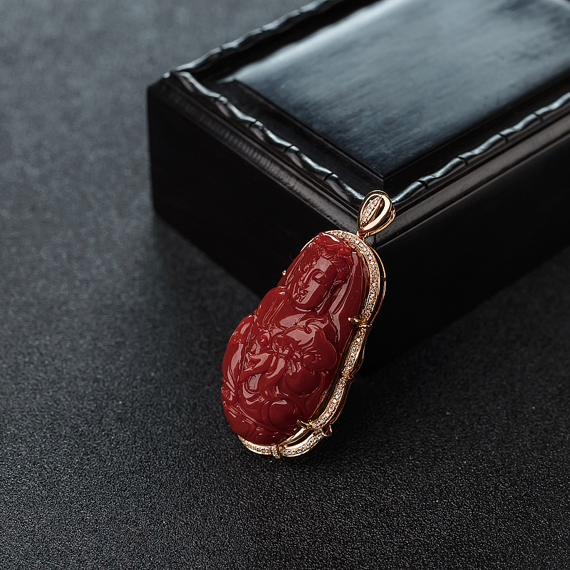 金镶钻阿卡正红珊瑚观音吊坠-红掌柜