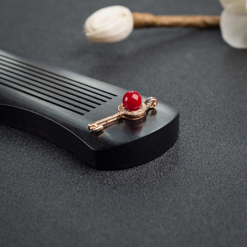 日本18K金镶钻阿卡深红珊瑚吊坠 - 红掌柜