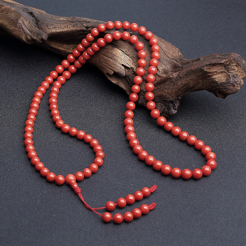 7.5mm天然沙丁朱红珊瑚108佛珠-红掌柜