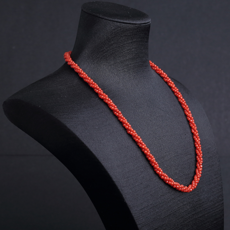 天然沙丁朱红珊瑚三股圆珠项链 - 红掌柜