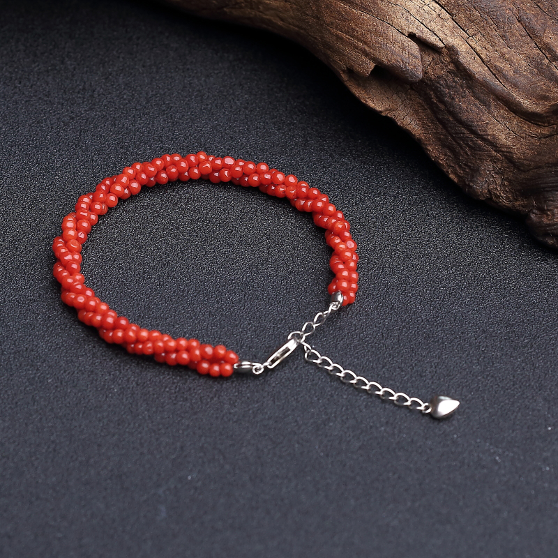 天然沙丁朱红珊瑚三股圆珠手链 - 红掌柜