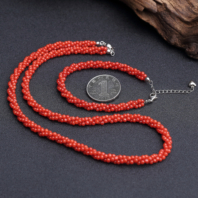 意大利天然沙丁朱红珊瑚三股圆珠链两件套 - 红掌柜