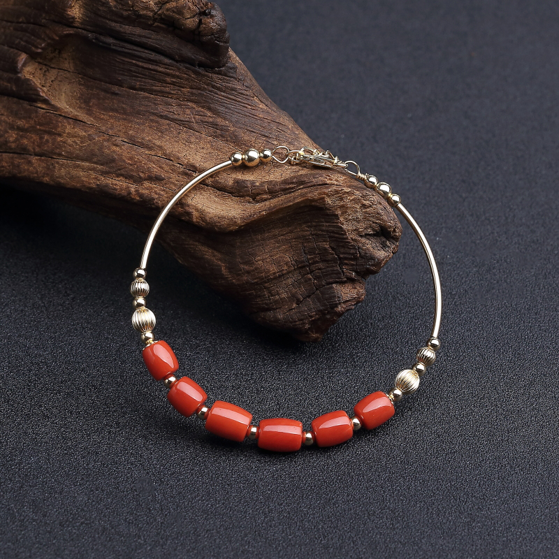 60#14k金镶沙丁正红珊瑚手环-红掌柜