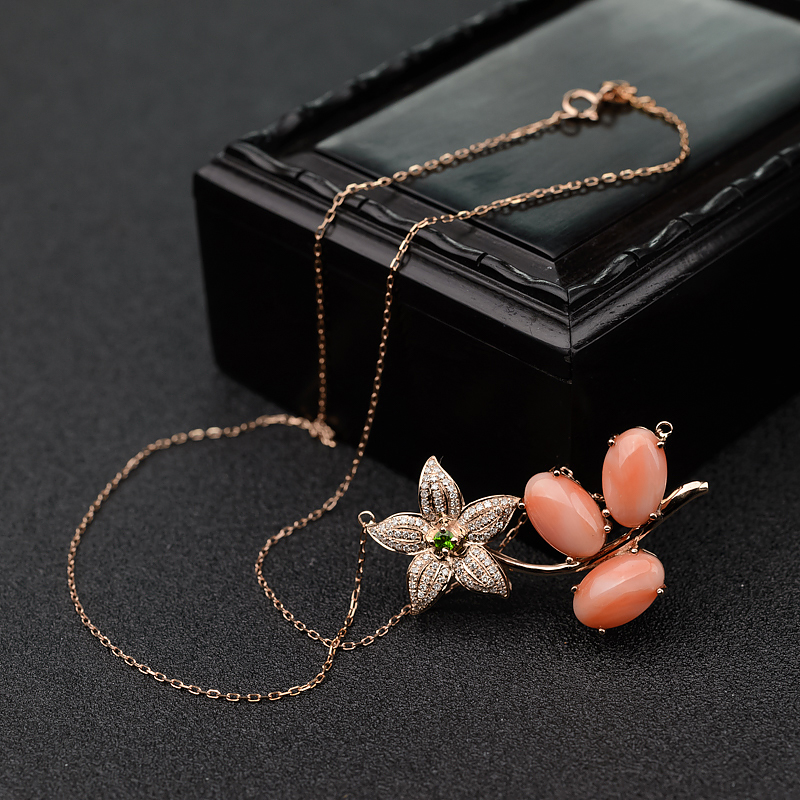 18k金镶台湾天然MISU粉色珊瑚项链-红掌柜