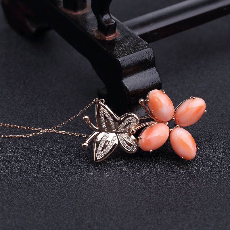 18k金镶台湾天然MISU粉色珊瑚项链-红掌柜