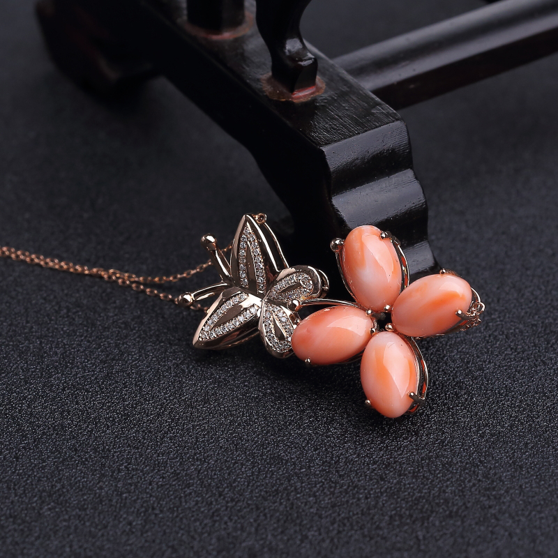 18k金镶天然MISU粉色珊瑚项链-红掌柜