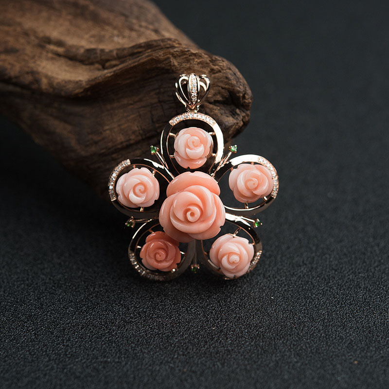 18k金镶台湾天然MISU粉色珊瑚吊坠-红掌柜