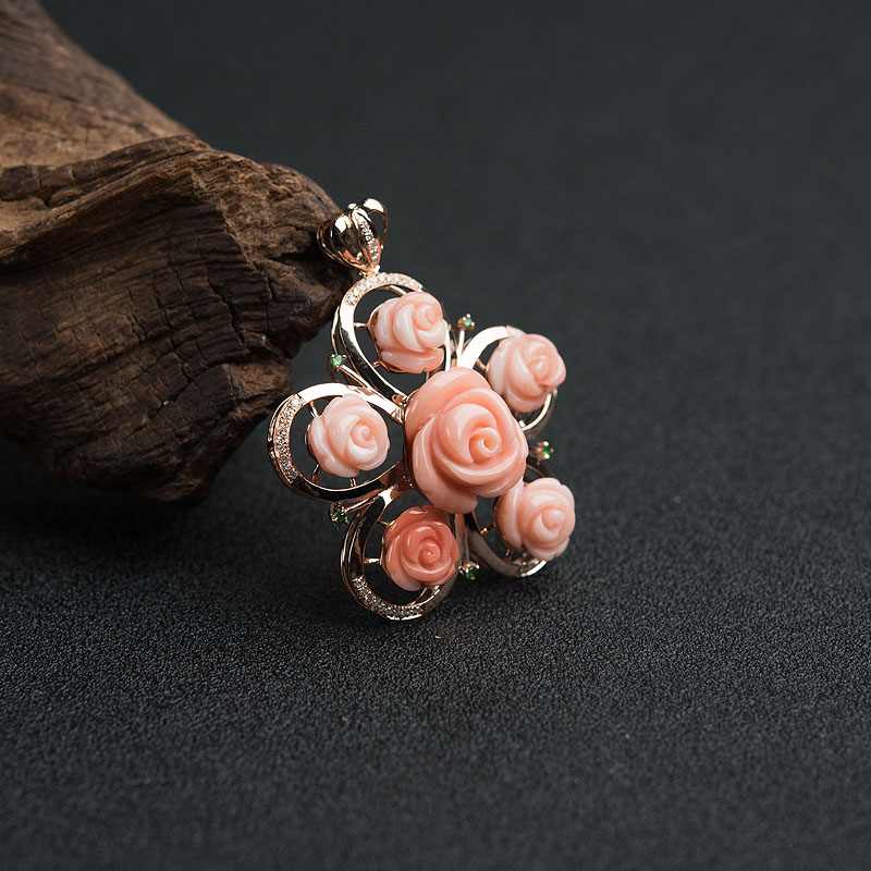 18k金镶天然MISU粉色珊瑚吊坠-红掌柜