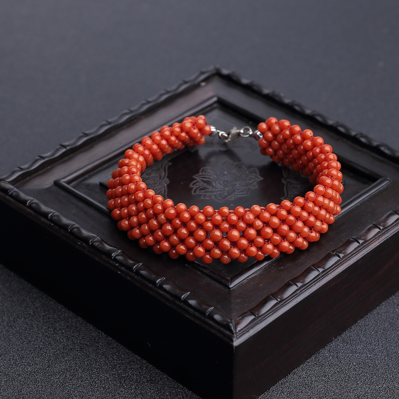 意大利天然朱红珊瑚圆珠编织套装-红掌柜