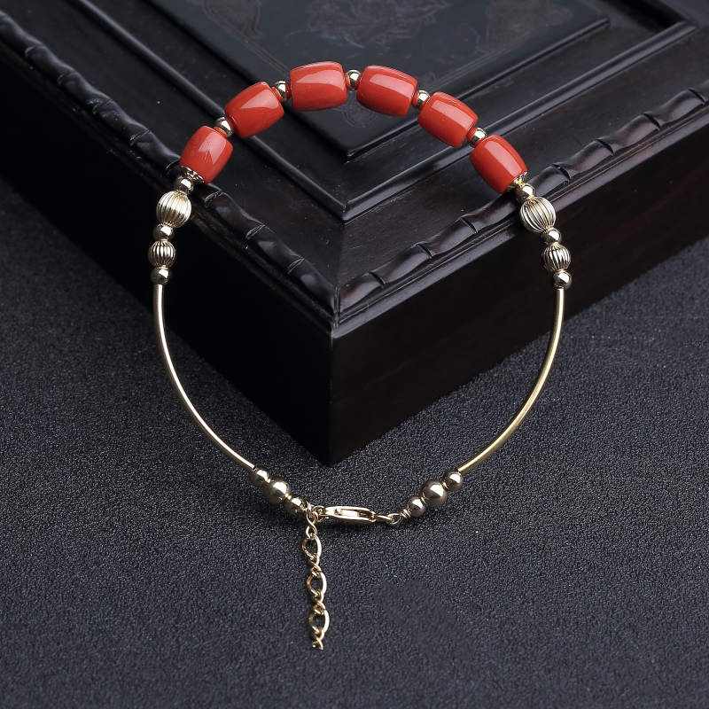 14K金镶意大利天然沙丁朱红珊瑚桶珠手环-红掌柜