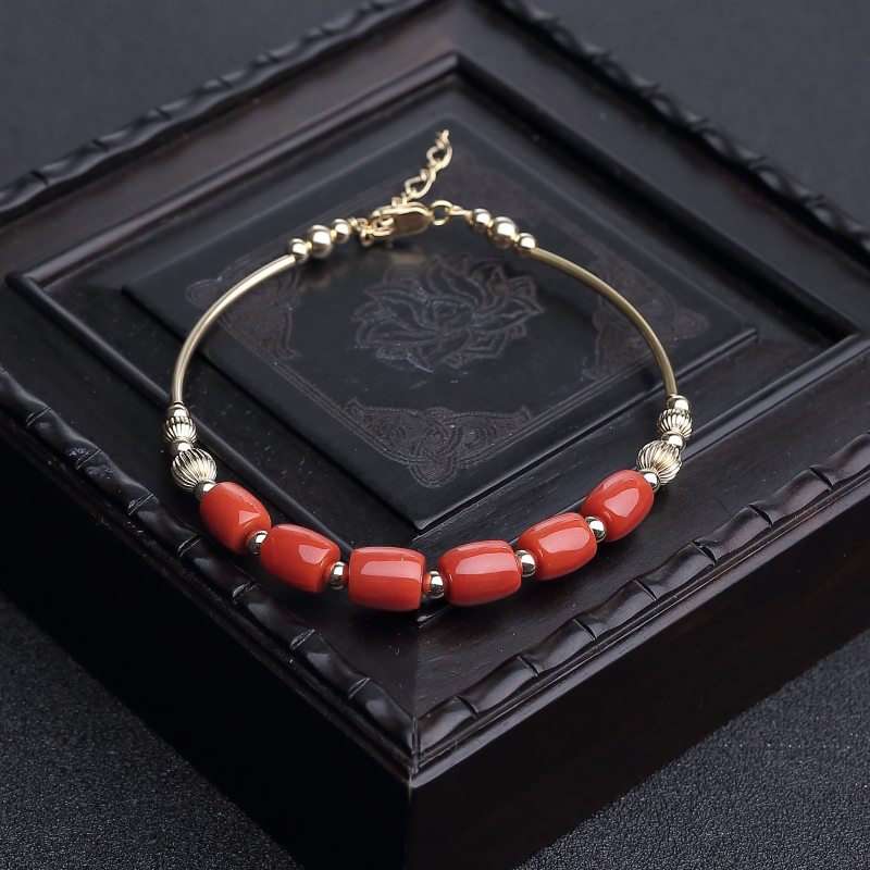 意大利天然沙丁朱红珊瑚桶珠手环-红掌柜