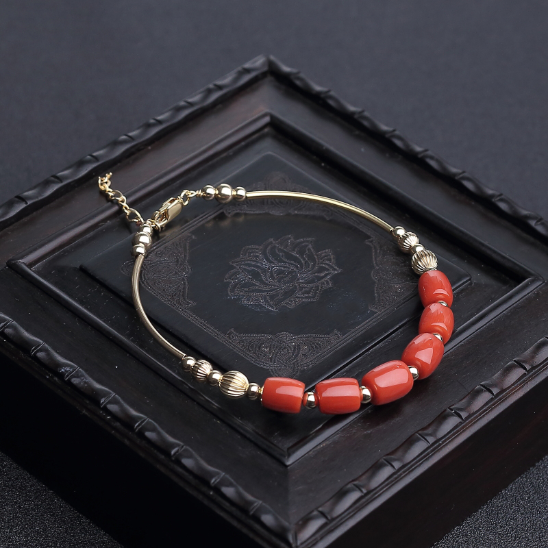 14K金镶天然沙丁朱红珊瑚桶珠手环-红掌柜