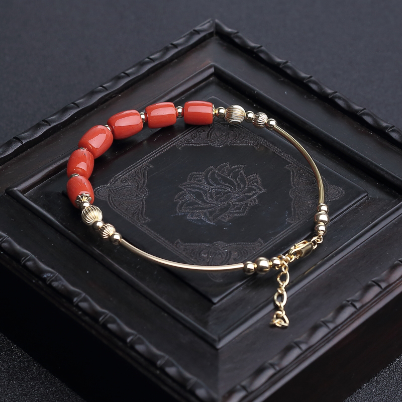 14K金镶意大利沙丁朱红珊瑚桶珠手环-红掌柜
