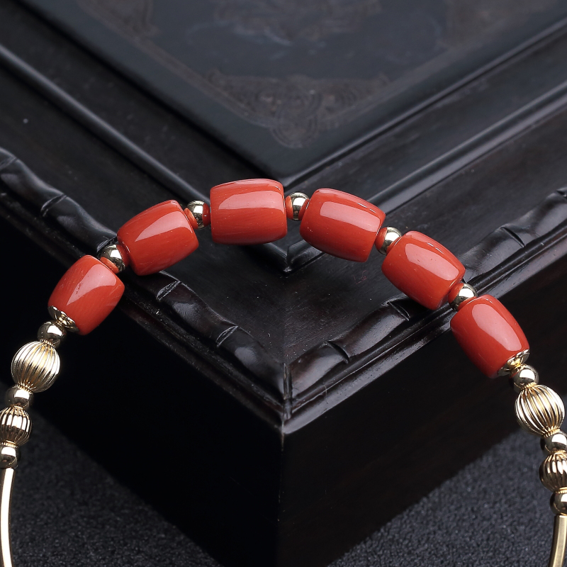 14K金镶意大利天然朱红珊瑚桶珠手环-红掌柜