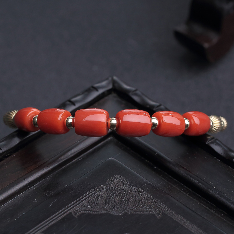 14K金镶意大利天然沙丁珊瑚桶珠手环-红掌柜