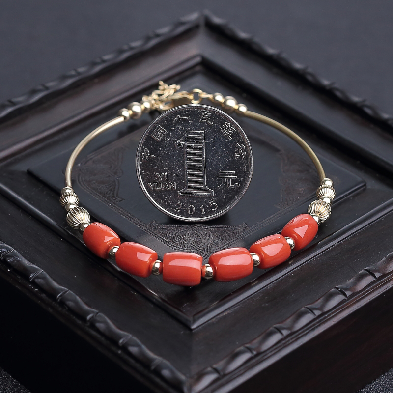 14K金镶沙丁朱红珊瑚桶珠手环-红掌柜