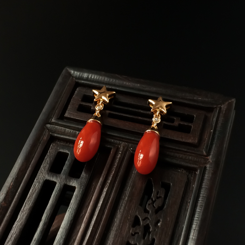 意大利天然18K金沙丁红珊瑚耳钉 - 红掌柜