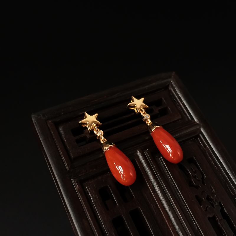 K金沙丁红珊瑚耳钉 - 红掌柜