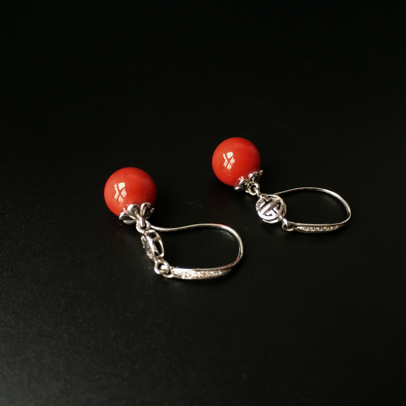 意大利天然沙丁珊瑚圆珠耳坠-红掌柜