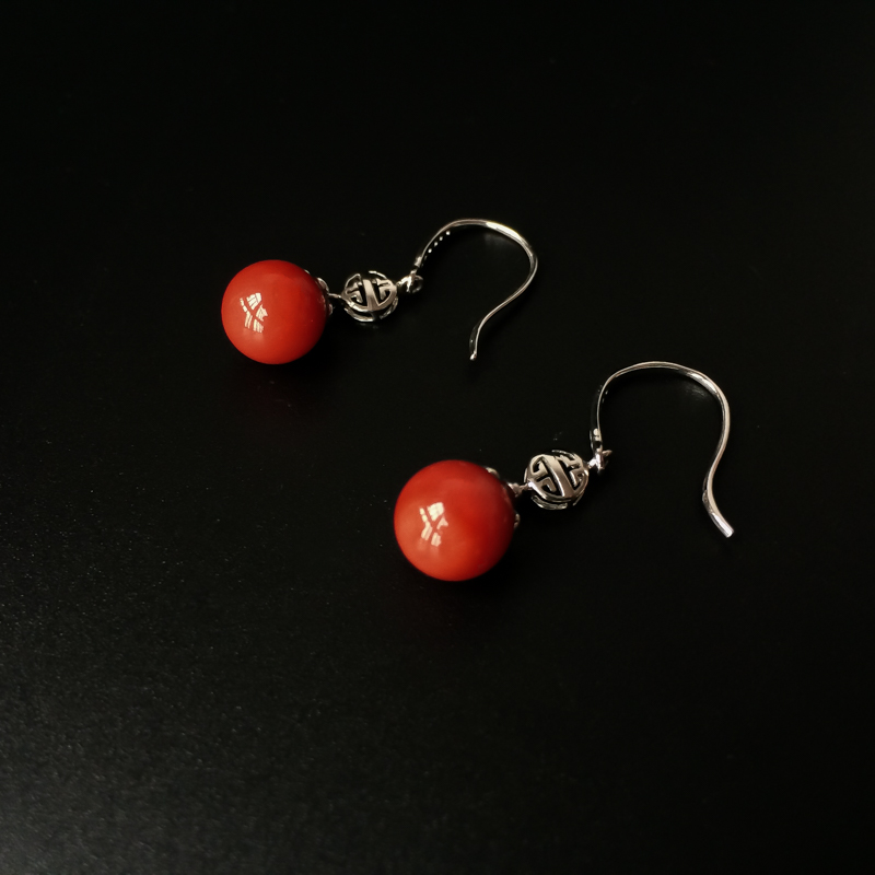 18K金镶意大利沙丁珊瑚圆珠耳坠-红掌柜