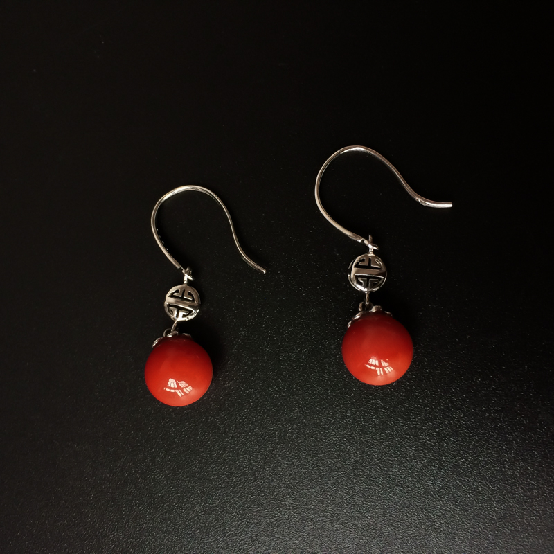 18K金镶意大利天然珊瑚圆珠耳坠-红掌柜