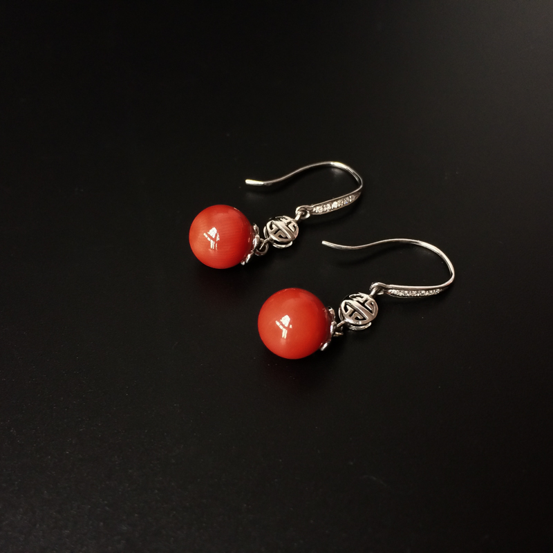 18K金镶意大利天然沙丁珊瑚圆珠耳坠-红掌柜