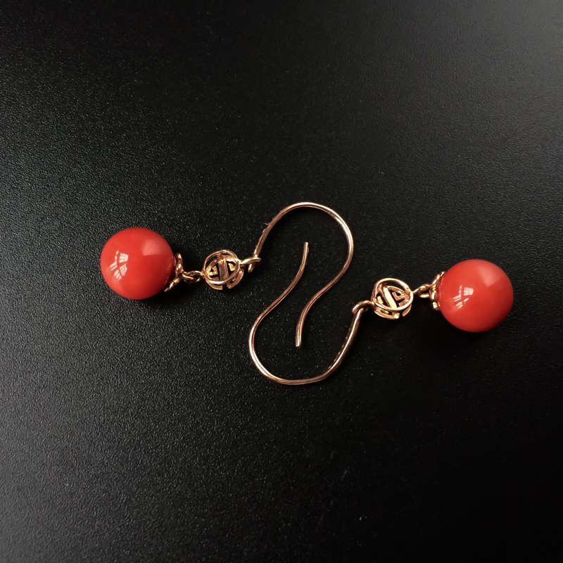 18K金镶意大利天然珊瑚圆珠耳坠-红掌柜