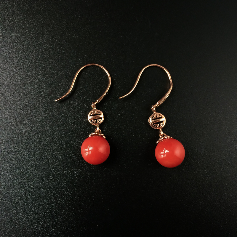 18K金镶意大利天然沙丁珊瑚圆珠耳坠-红掌柜