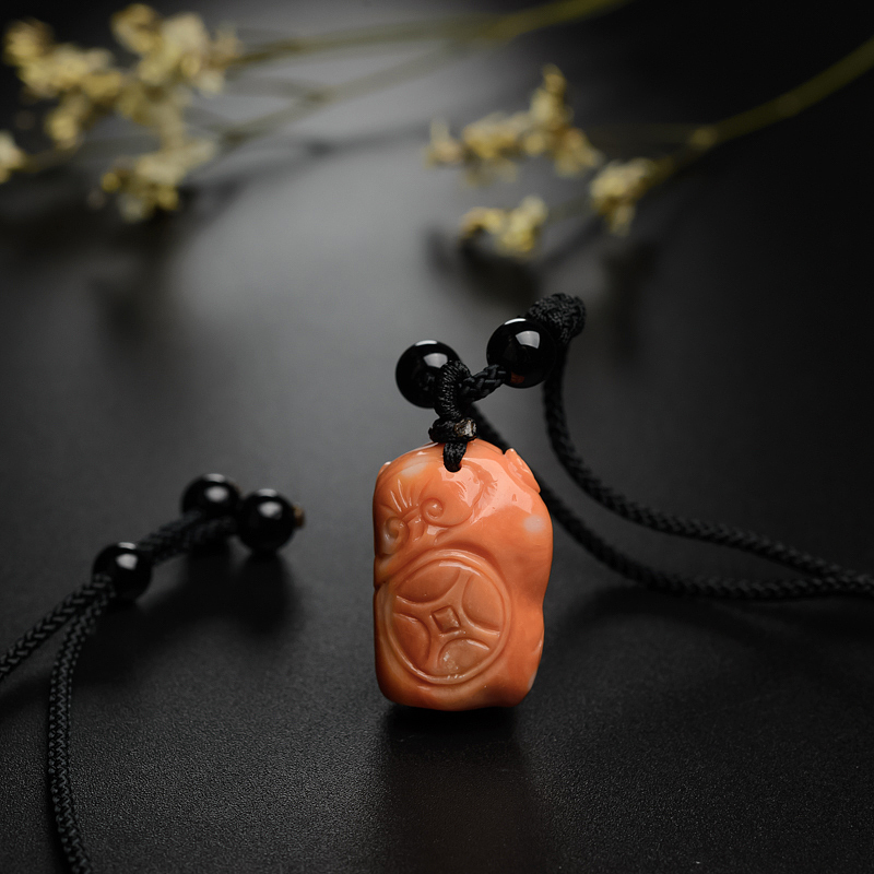 台湾天然红珊瑚财神吊坠-红掌柜