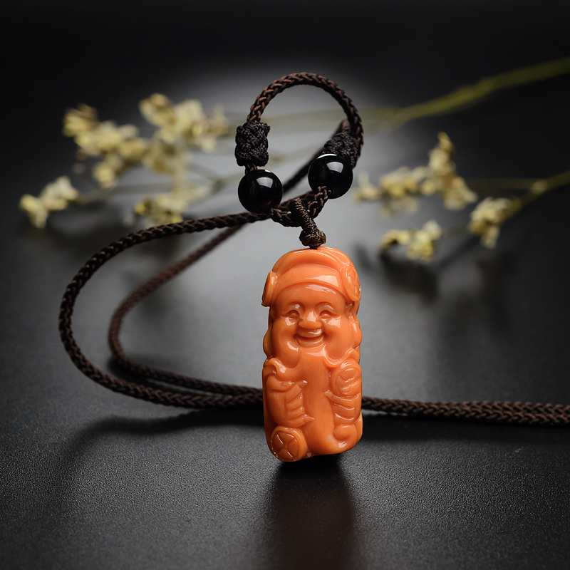 台湾天然MOMO红珊瑚财神吊坠-红掌柜