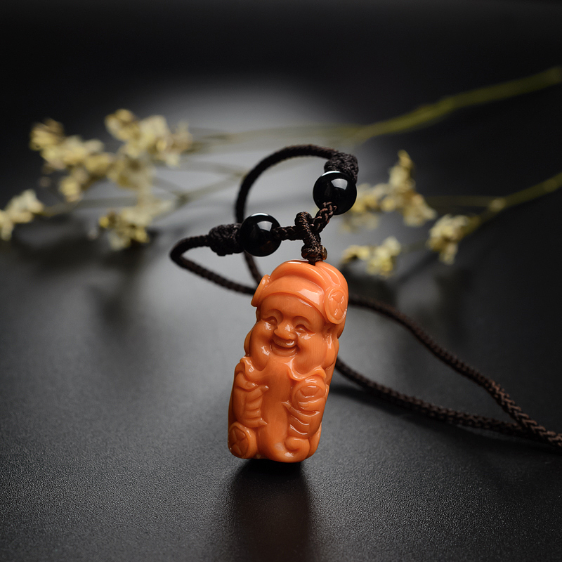 天然MOMO红珊瑚财神吊坠-红掌柜