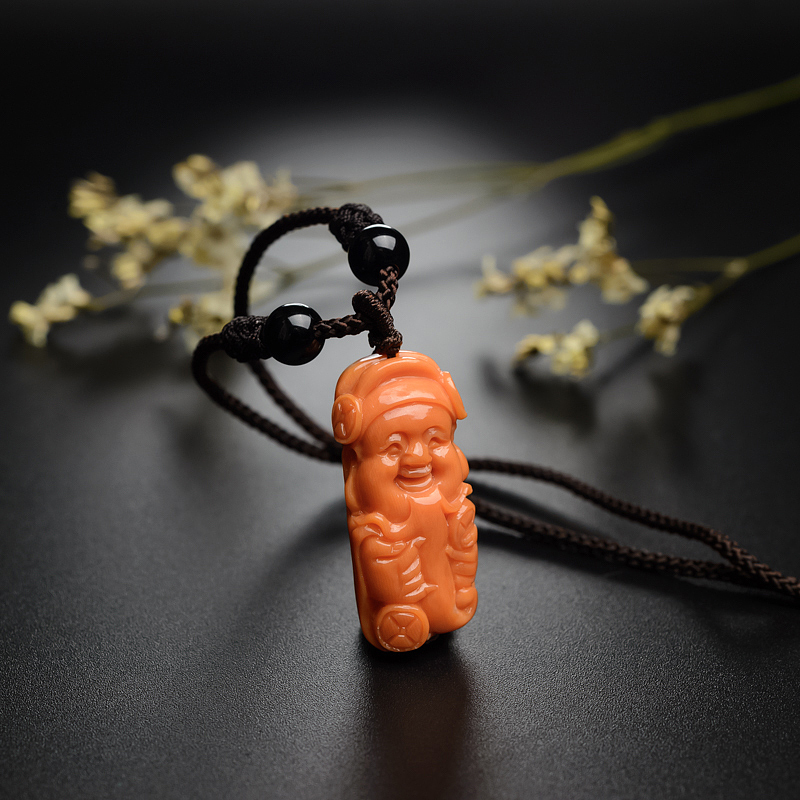 台湾MOMO红珊瑚财神吊坠-红掌柜