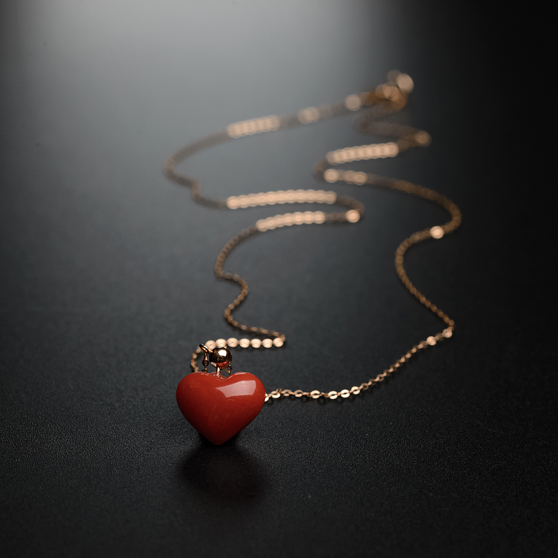 18K金镶日本天然阿卡红珊瑚爱心项链-红掌柜