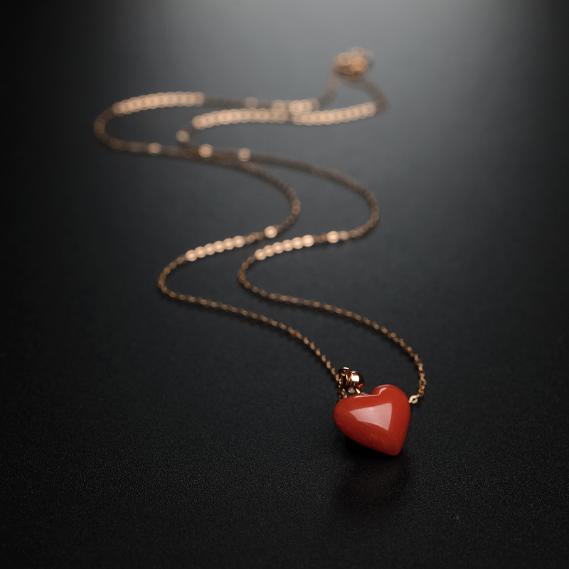 18K金镶天然阿卡红珊瑚爱心项链-红掌柜