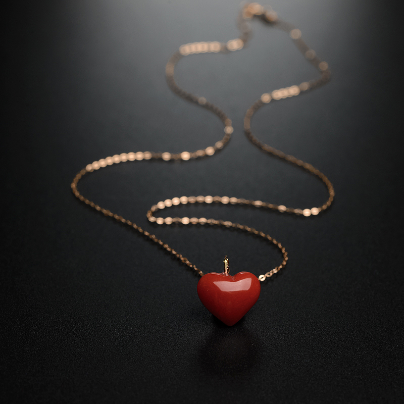 18K金镶日本阿卡红珊瑚爱心项链-红掌柜