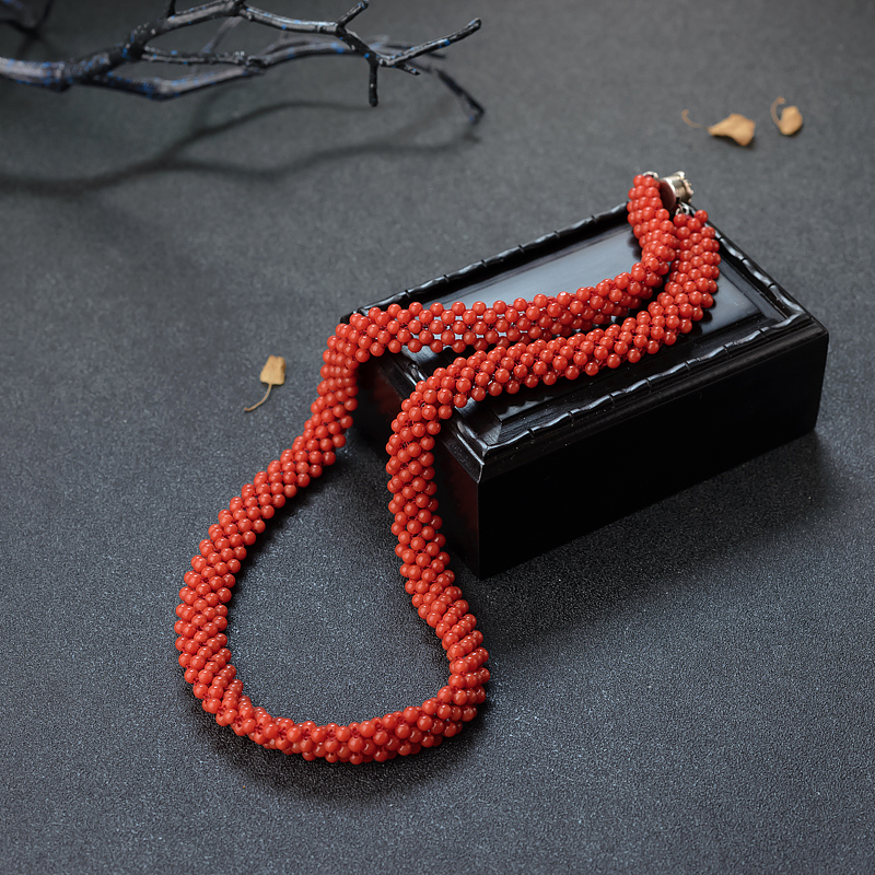 天然沙丁朱红珊瑚扁链项链-红掌柜