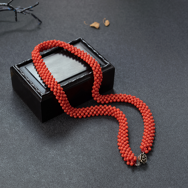 沙丁朱红珊瑚扁链项链-红掌柜