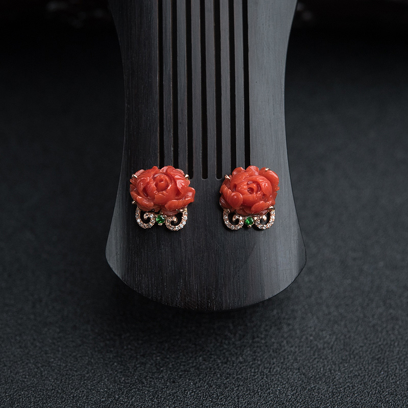 18K金镶钻沙丁朱红珊瑚花耳钉-红掌柜